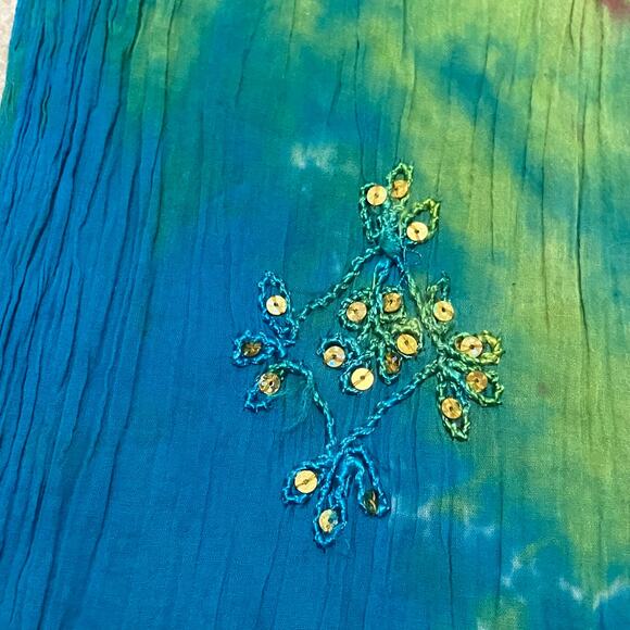 Tie dye embroidered sequin scarf pink green blue, fairycore bohemian hippie boho - Picture 5 of 7